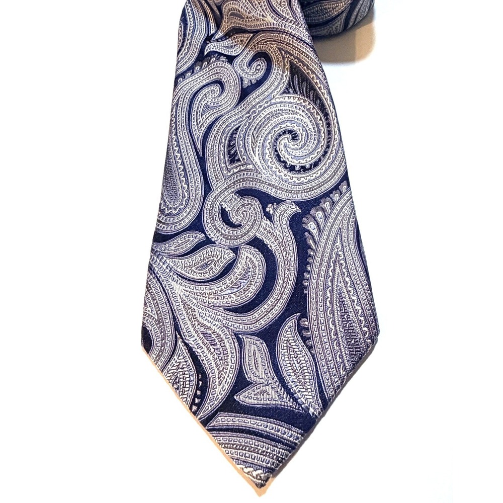 Michael Kors Tie Navy Blue Silver Paisley Silk Classic Necktie Business Formal